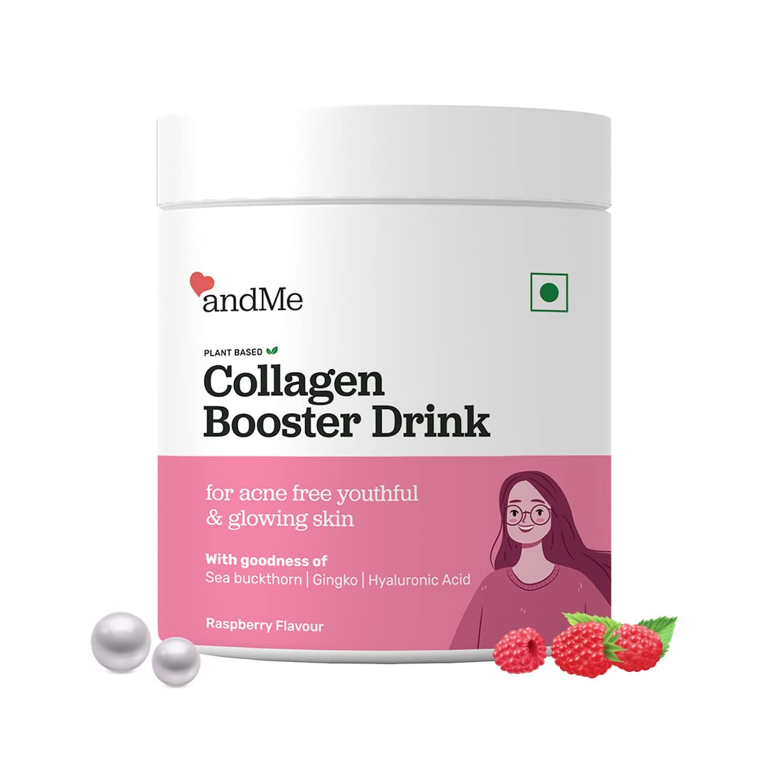 andMe Collagen Supplements for women, Plant Based collagen peptides powder for youthful Skin, Anti-Aging, Beauty with 24K Gold Flakes, Pearl Powder, Sea Buckthorn, Hyaluronic Acid (Raspberry Flavour, 250gm)