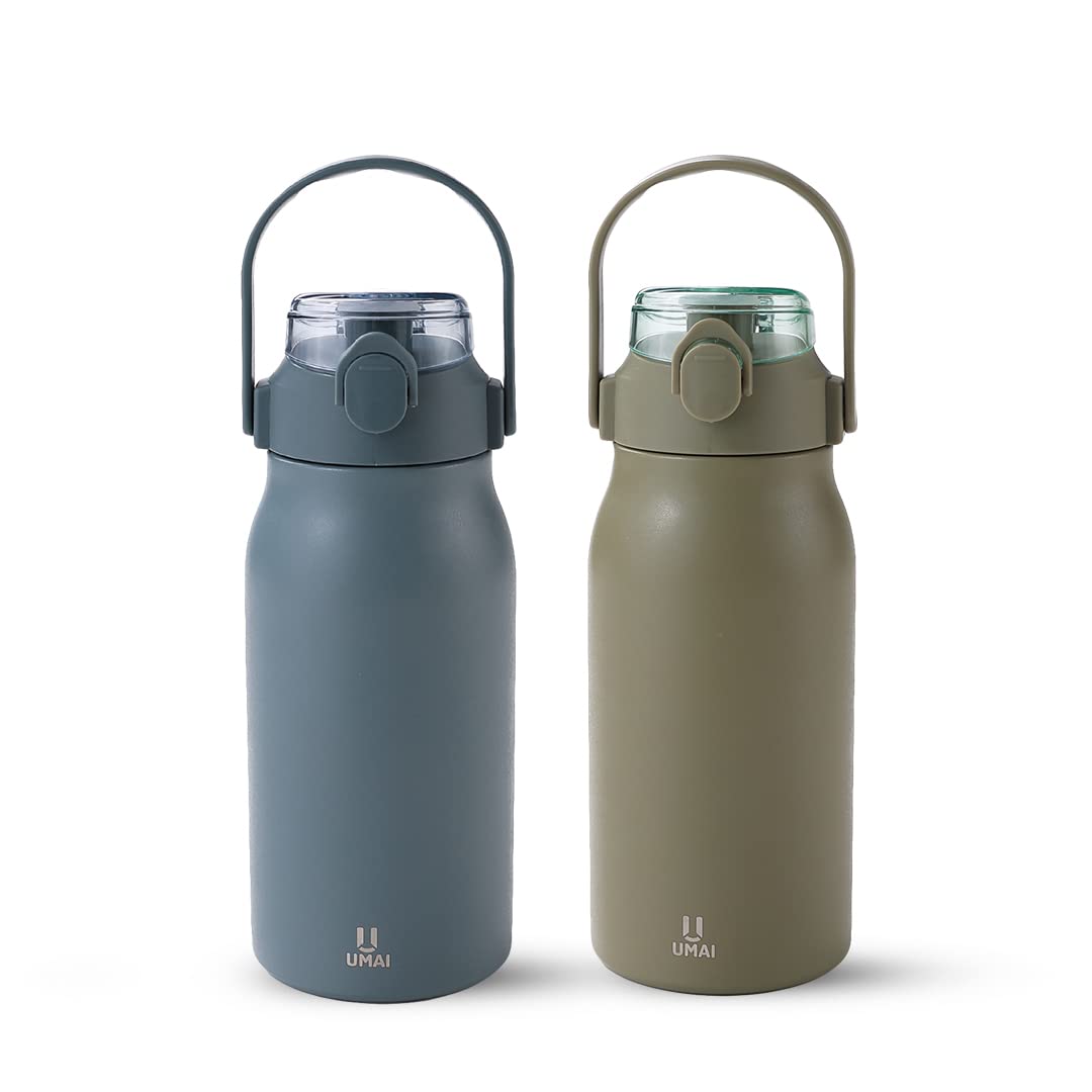 U Insulated Stainless Steel Bottle 1 Litre with Sipper Lid-Double Wall Vacuum Thermos | Leakproof | Keeps Drinks Hot/Cold for 6-12 Hours | FlipUp Handle | Easy-to-Carry (Pack of 2) (Blue-Green)
