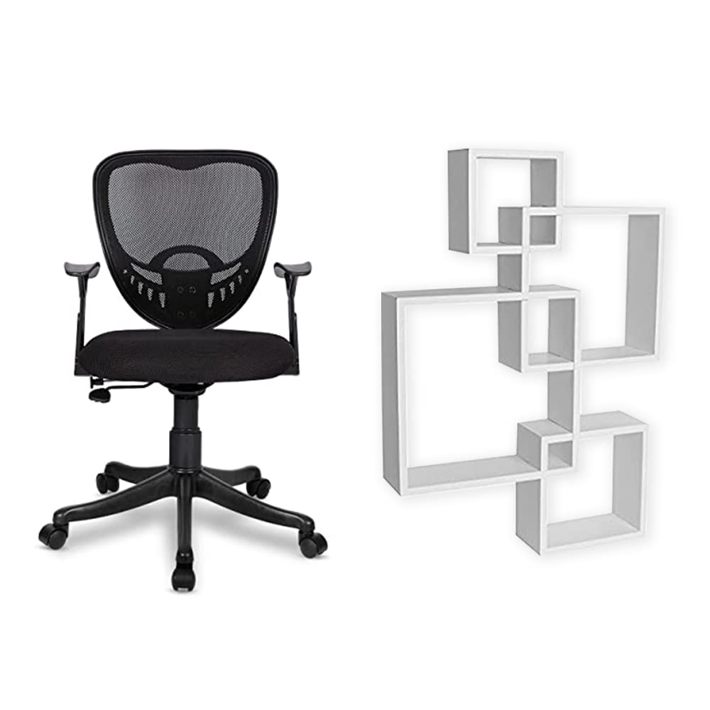 SAVYA HOME® Delta Executive Ergonomic Office Chair & Intersecting Wall Mounted Shelf (Set of 4 - White) Combo | Durable & Long Lasting | Home & Office Furniture | DIY Assemble