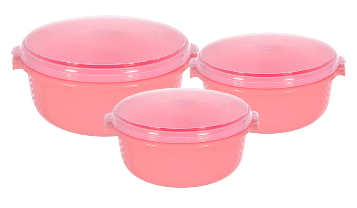 Kuber Industries 3 Piece Multiuses Plastic Serving/Mixing Bowls, Food Storage Containers Set With Lid, (3200ml, 1800ml, 1000ml) (Pink)-46KM0319