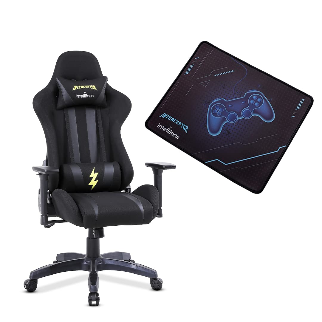 INTERCEPTOR Ergonomic Gaming Chair & Gaming Mat Combo | Premium Fabric, Adjustable Neck & Lumbar Pillow, 3D Adjustable Armrests
