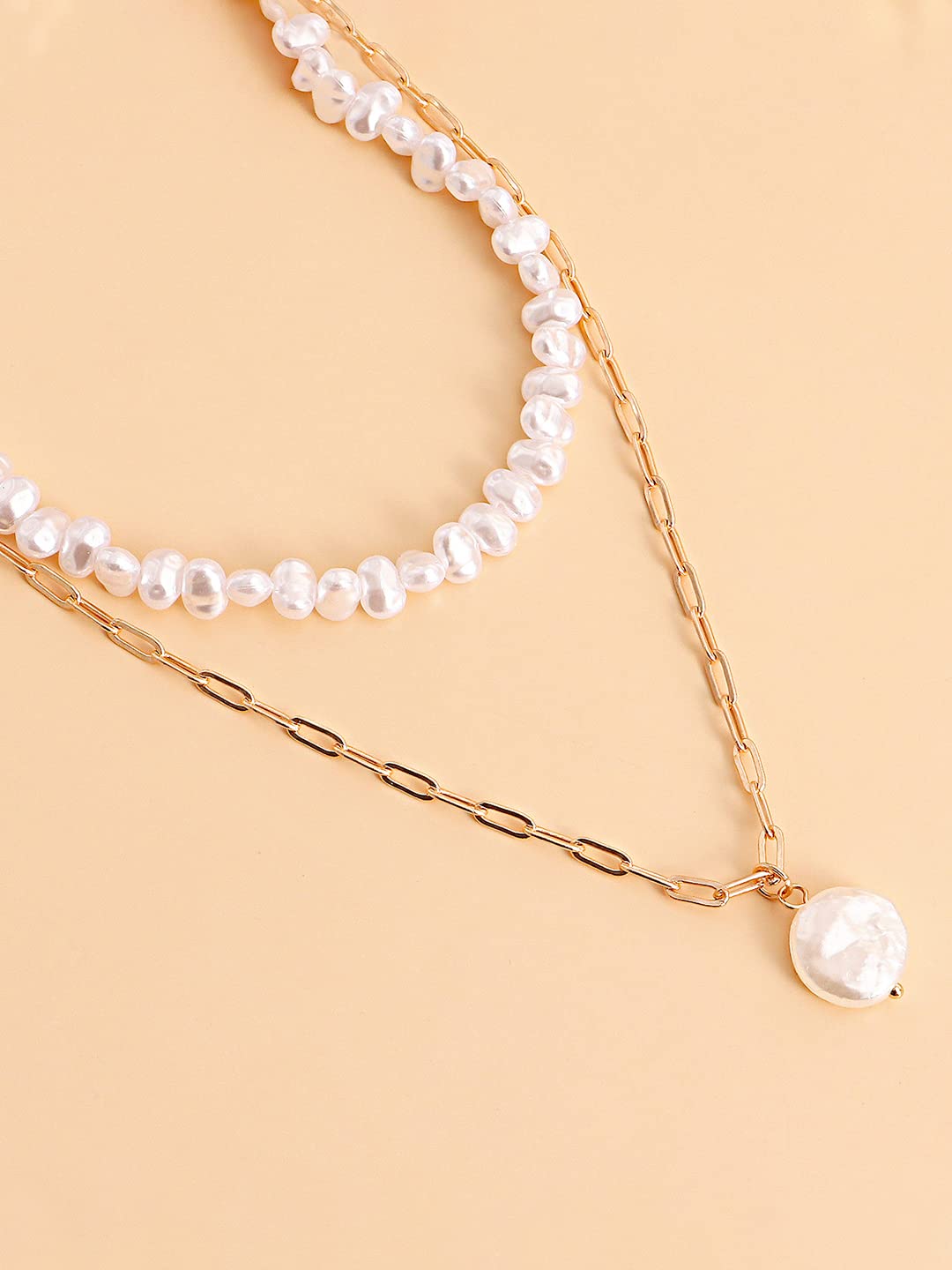 Yellow Chimes Necklace For Women Layered Gold Tone Pearl Studded Charm Pendant Chain For Women and Girls