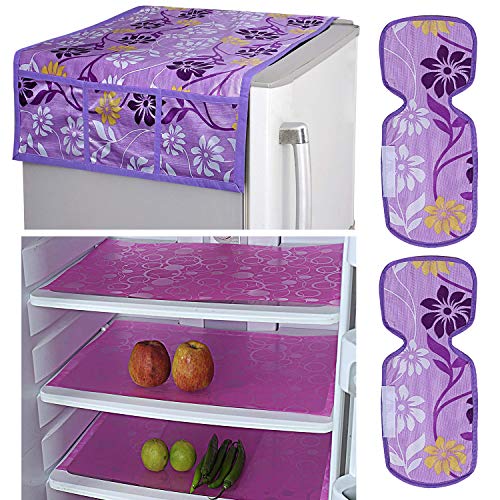 Kuber Industries Flower Design Combo PVC 3 Pieces Fridge Mats, 2 Piece Handle Cover and Fridge Top Cover (Purple, Standard)