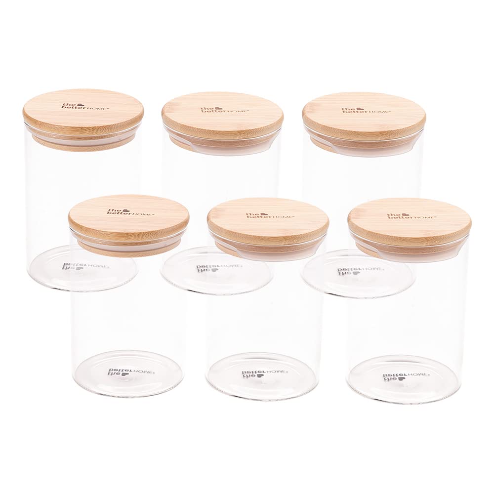 The Better Home Pack of 6 Kitchen Accessories Item with Bamboo Lid I Transparent Airtight Borosilicate Kitchen Containers Set | Glass Jars for Cookies Snacks Tea Coffee Sugar | 600 ml Each