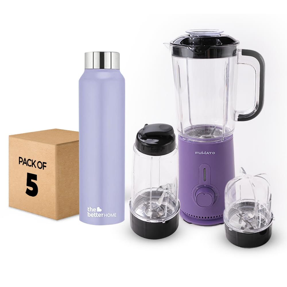 The Better Home FUMATO Quikblend Portable Nutri Blender 400W Purple & Stainless Steel Water Bottle 1 Litre Pack of 5 Purple