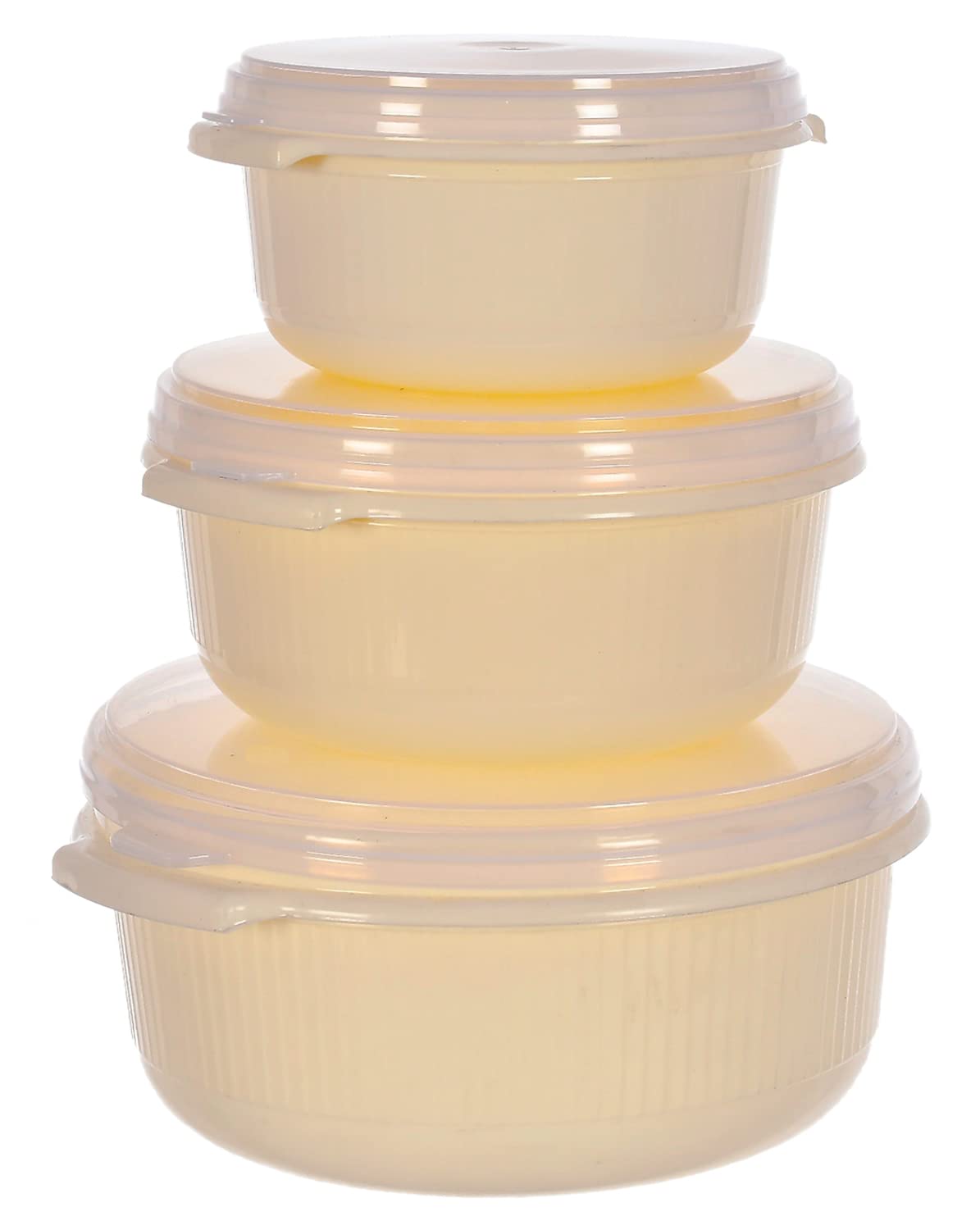 Kuber Industries Food Grade, Microwave & Freezer Safe Plastic Bowls, Food Storage Container Set with Lid, Set of 3 (3200ml, 1800ml, 1000ml) (Cream)-46KKM0142, Standard