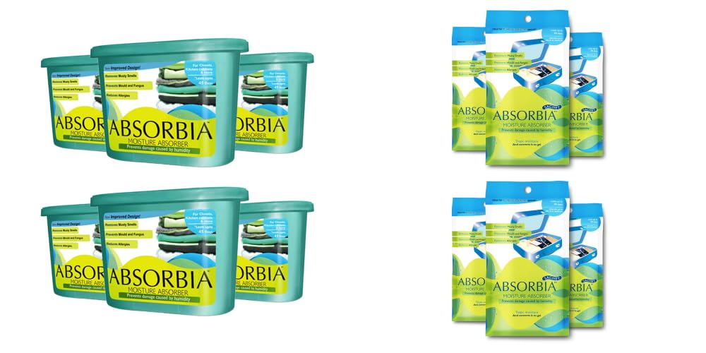 Absorbia Moisture Absorber | Absorbia Classic - Season Pack of 6 (300g)|Absorbia Sachet - Pack of 6 (100g each) | Dehumidifier for Wardrobe, Shoe racks,Cupboards & Closets