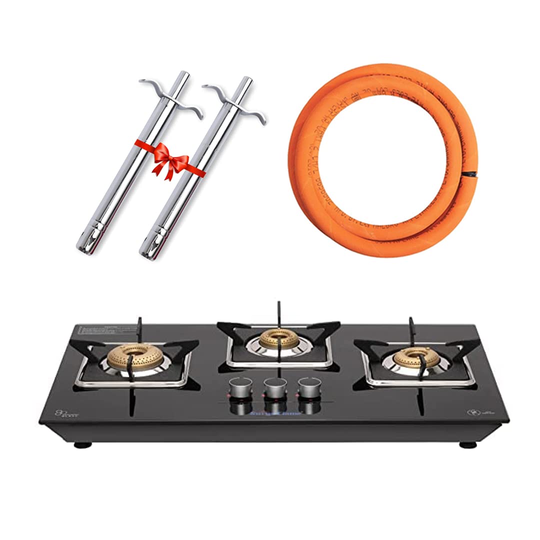 Surya Flame Apollo Square Hob Top 3 Burners Manual Glass Stove | LPG Gas Dual Layer Rubber Hose Pipe 1.5M | Chrome Stainless Steel Gas Lighter (Pack of 2)