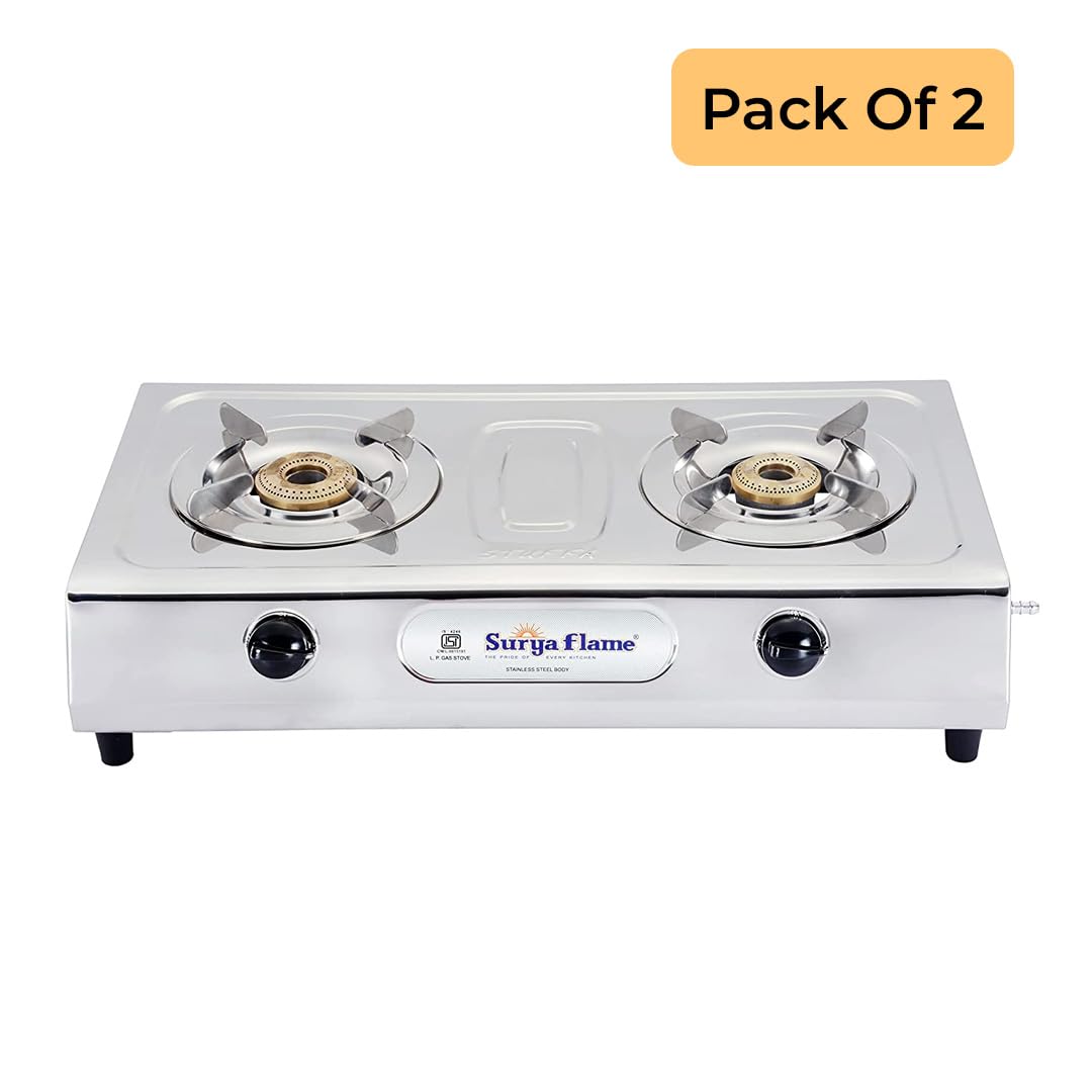 Surya Flame Ultimate Gas Stove 2 Burners | LPG Stove with Stainless Steel Pan Support | Anti Skid Rubber Legs - 2 Years Complete Doorstep Warranty (Manual, 2)