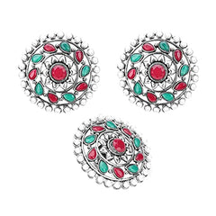 Yellow Chimes Ethnic German Silver Oxidised Multicolor Studded stones Round Traditional Stud Earrings and Ring Set for Women And Girls, Silver, Multicolor, Medium (YCTJER-89STNCIRST-MC)