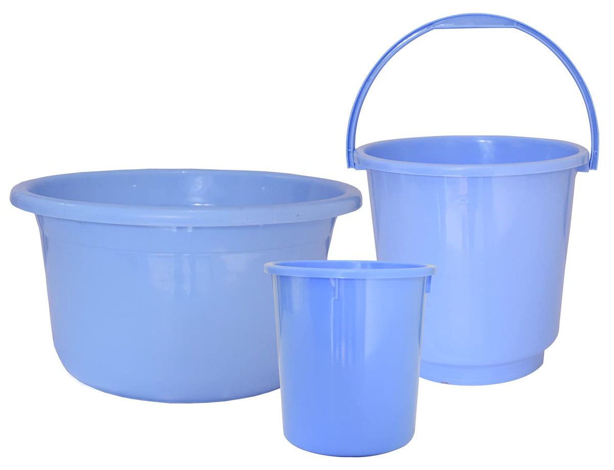 Kuber Industries 3 Pieces Plastic Bucket, Dustbin & Tub Set (Blue)