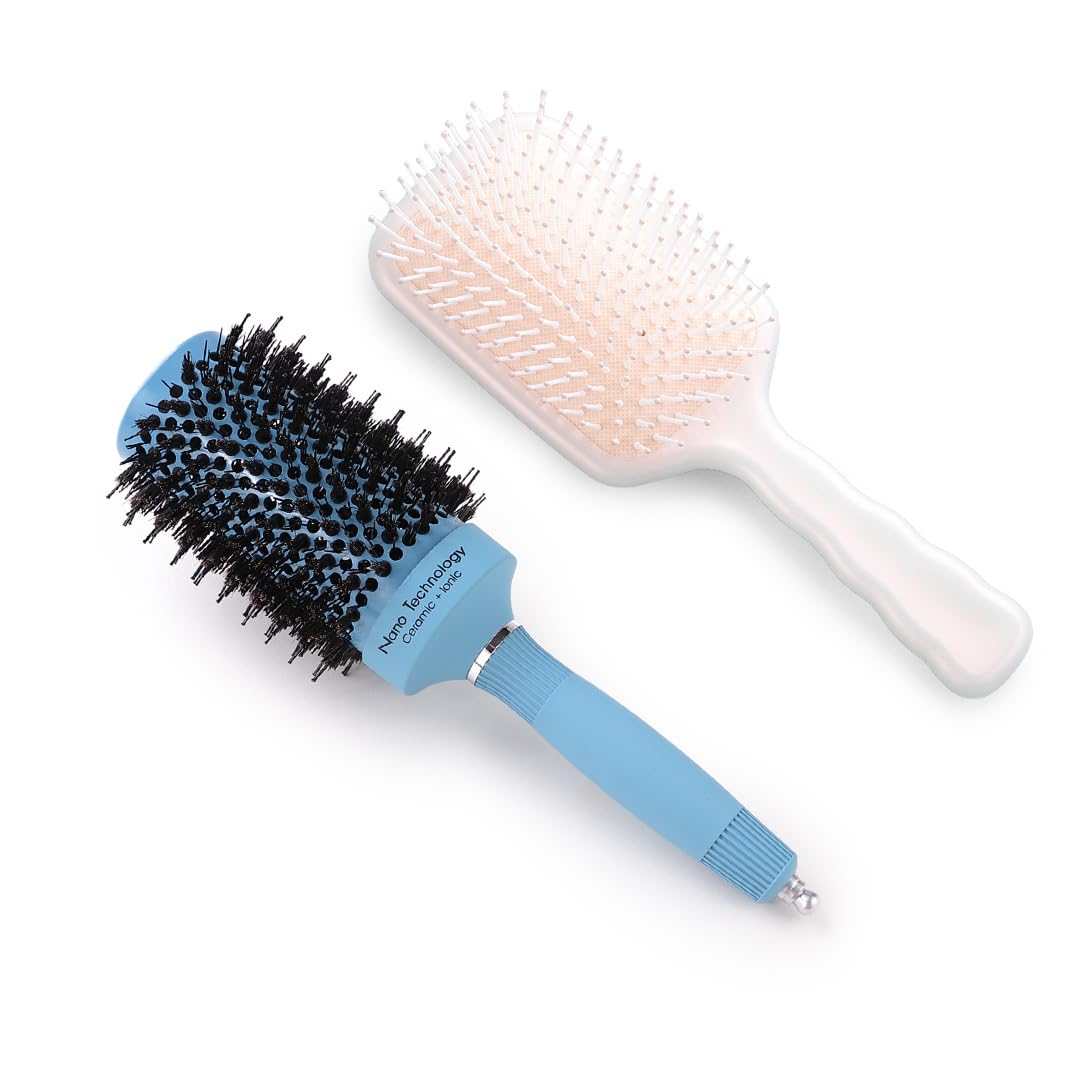 UMAI Hair Brush with Strong & Flexible Bristles|Pain-Free Detangling|Hairbrush Set for All Hair Type|Hair Styling Brush for Women & Men (Thermal Ceramic-32mm & Detangler)