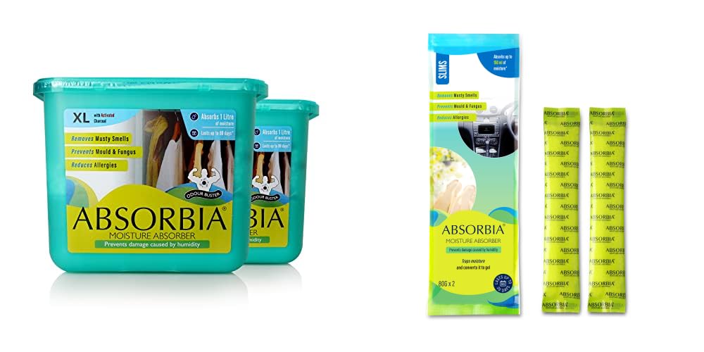 Absorbia Moisture Absorber Slim Sachet - Pack of 2 (80g Each) | Absorbia XL with Activated Charcoal Pack of 2 (450g each) | Dehumidifier for Wardrobe, Cupboards & Closets…