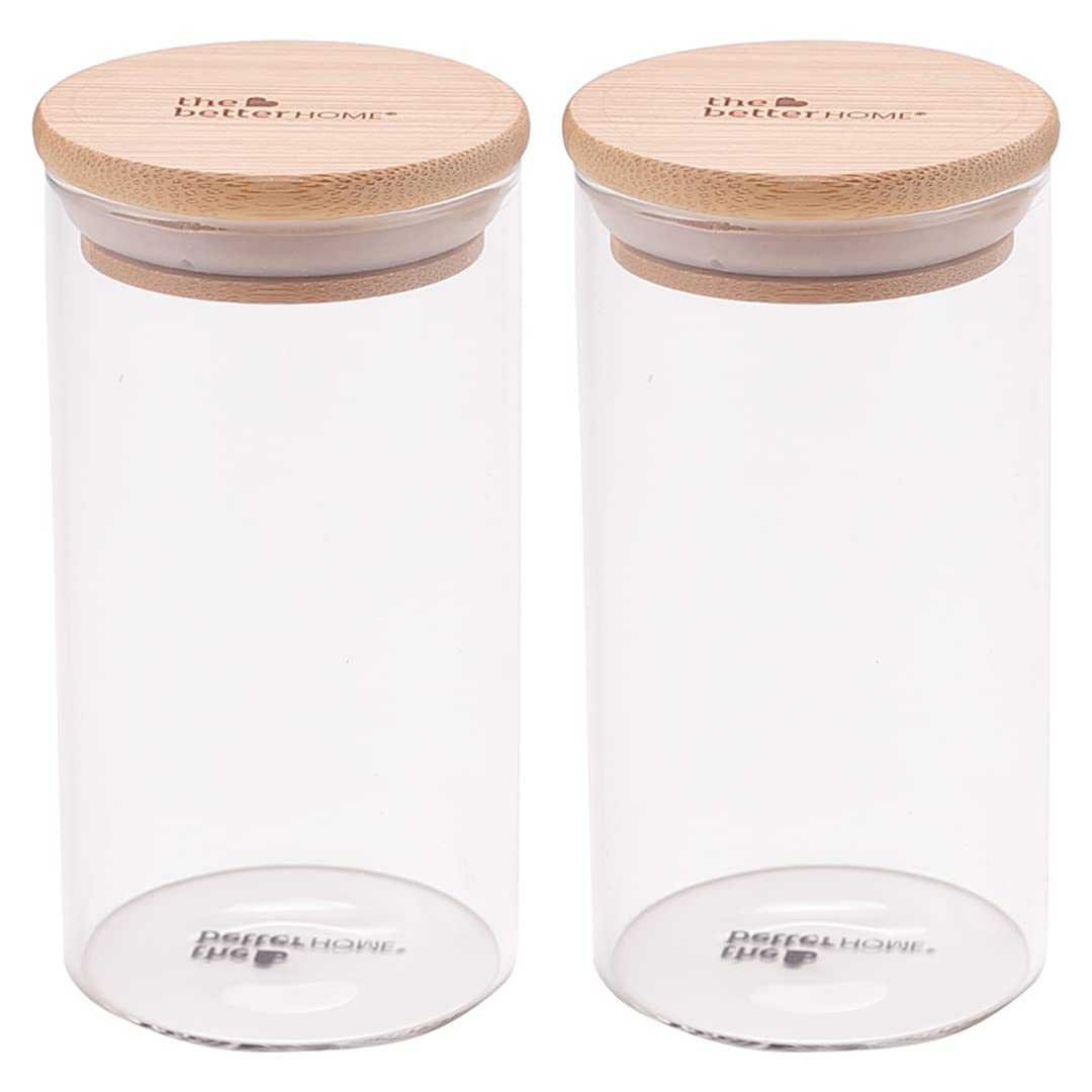 The Better Home Pack of 2 Kitchen Accessories Item with Bamboo Lid I Transparent Airtight Borosilicate Kitchen Containers Set | Glass Jars for Cookies Snacks Tea Coffee Sugar | 300 ml Each