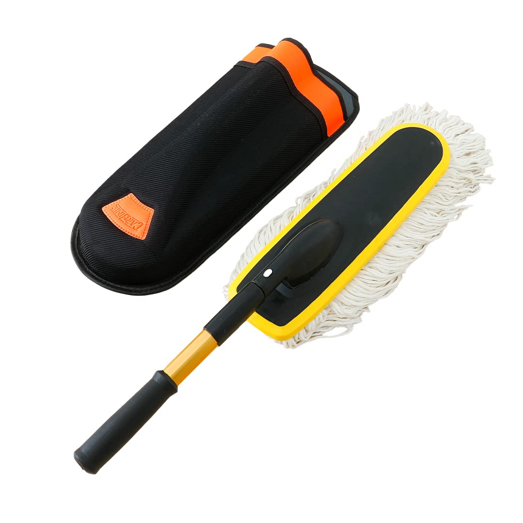 CARBINIC Soft Microfiber Car Duster Exterior with Extendable & Detachable Handle | Microfiber Car Cleaning Accessories- Exterior Cleaning Brush | Wax Treated Cotton Strands | Storage Case | Black