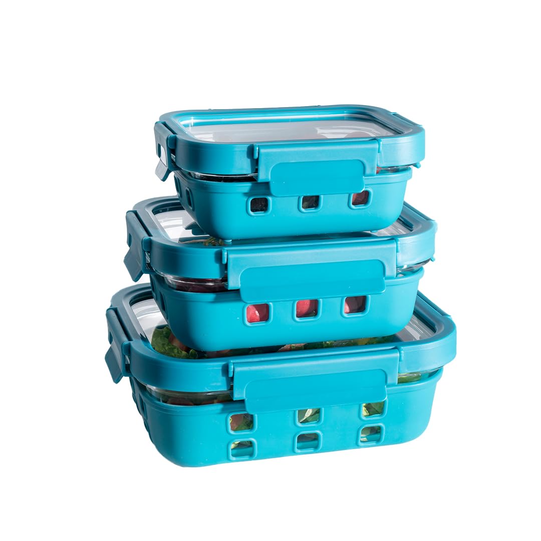 UMAI Glass Food Containers Set of 3 Blue | Silicone Sleeves & Lock Lids | Kitchen containers set | Microwave-Safe Fridge Storage Boxes | Glass Lunch Box | 1050ml 640ml 370ml