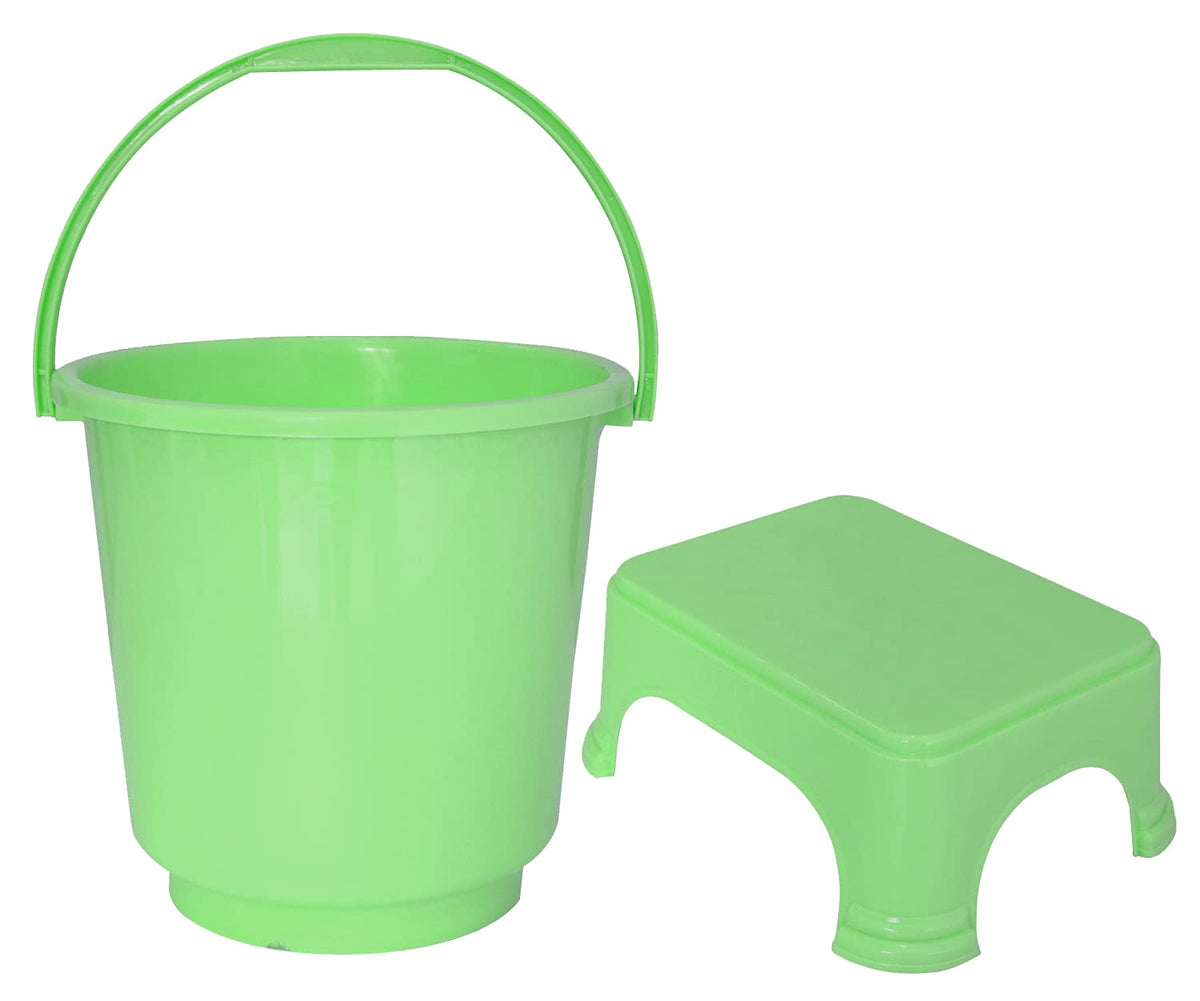 Kuber Industries 2 Pieces Plastic Bucket & Stool Set (Green)