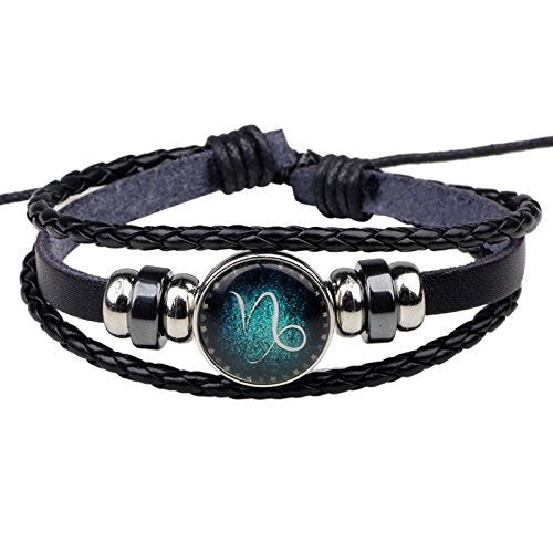 Yellow Chimes Zodiac Sign Constellation Handmade Black Leather Bracelet for Men and Women/Unisex (Capricorn)