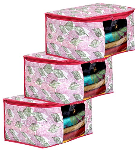 Kuber Industries Metalic leafy Print 3 Piece Non Woven Fabric Saree Cover/Clothes Organiser For Wardrobe Set with Transparent Window, Extra Large (Pink)-KUBMART16531, black