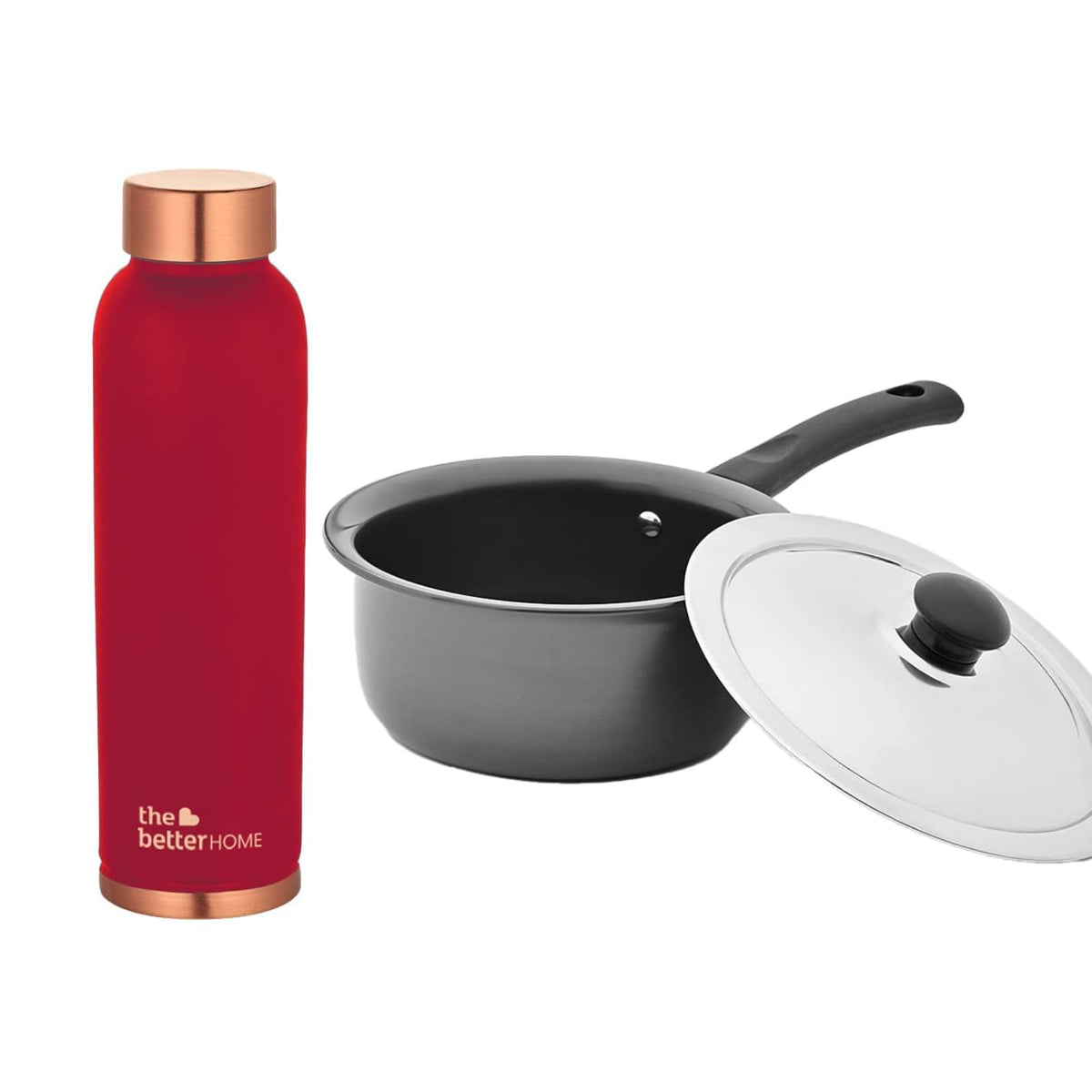 The Better Home 100% Pure Copper Water Bottle 1 Litre, Teal & Savya Home HA Saucepan with Stainless Steel Lid, Stove & Induction Cookware (16cm, 1 Litre) (Red)