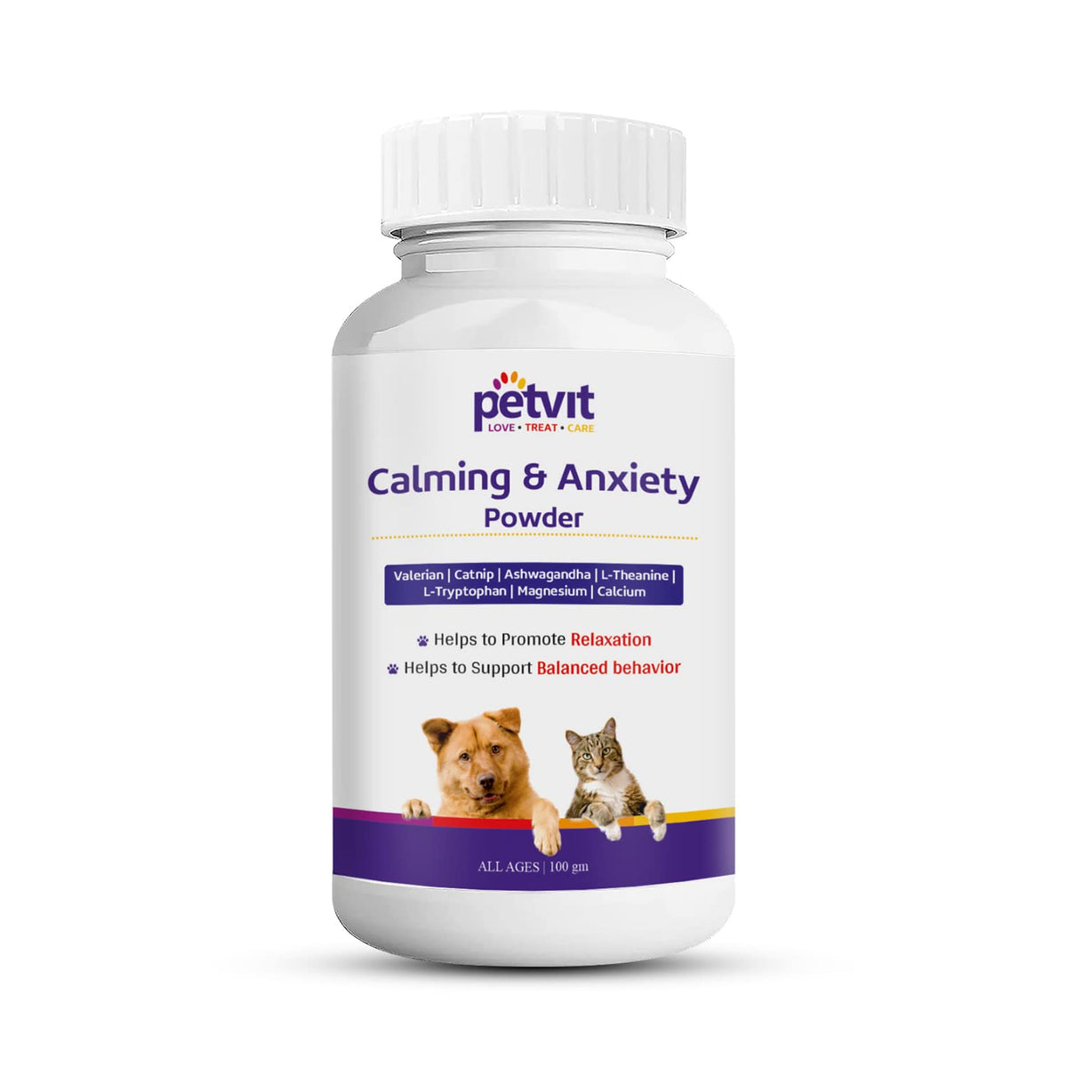Petvit Calming & Anxiety Powder with Natural Solution to Reduce Stress, Aggression & Anxiety | Promotes Sleep & Relaxation in Natural Way| All Breeds of Dogs & Cats – 100gm