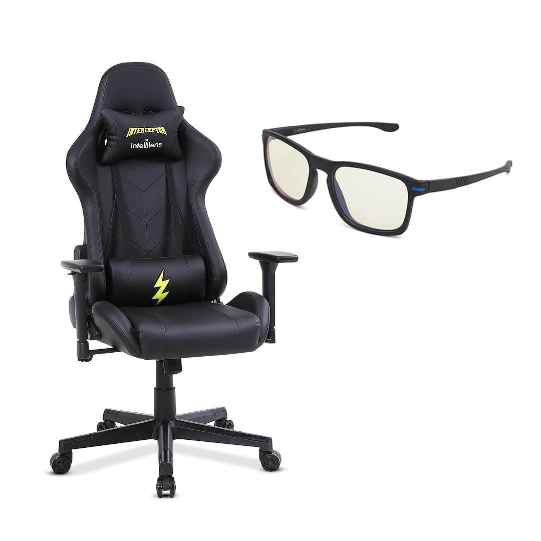 INTERCEPTOR Ergonomic Gaming Chair & Gaming Glass Combo | Premium Fabric, Adjustable Neck & Lumbar Pillow, 3D Adjustable Armrests