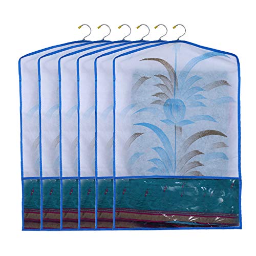 Kuber Industries Printed 6 Piece Non Woven Hanging Saree Cover Wardrobe Organiser (Blue) - CTKTC023143