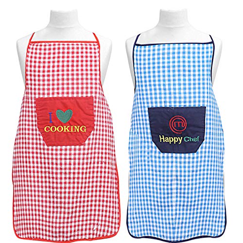 Kuber Industries Checkered Design Cotton 2 Pieces Waterproof Apron with Front Pocket (Red and Blue), CTKTC013747