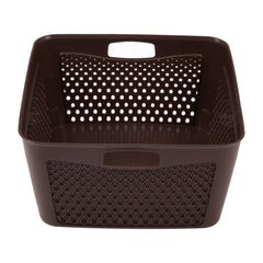 Kuber Industries Netted Design Unbreakable Multipurpose Square Shape Plastic Storage Baskets with lid Medium Pack of 3 (Brown)