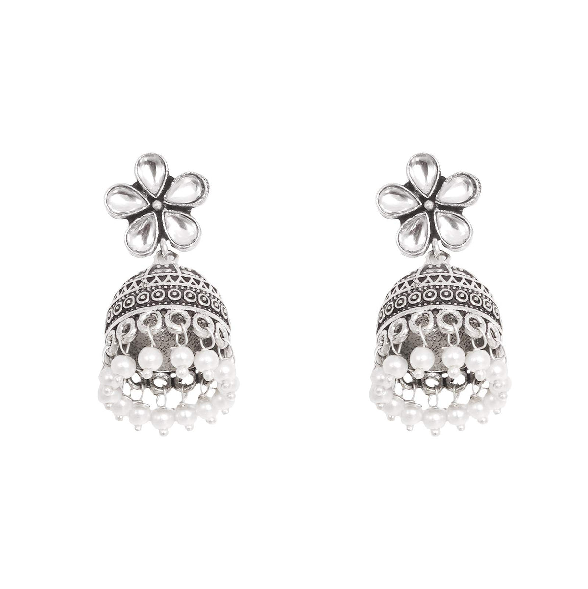 Teejh Luminous Polki Silver Oxidised Pearl Jhumki Earrings For Women