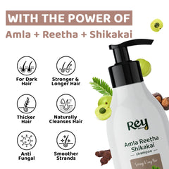 Rey Naturals Amla Reetha Shikakai Hair Shampoo for Strong & Long Hair | Natural Actives | Paraben & Sulphate Free | Fights Dry & Frizzy Hair | For a Healthy Scalp | Suitable for Men & Women | 300 ML