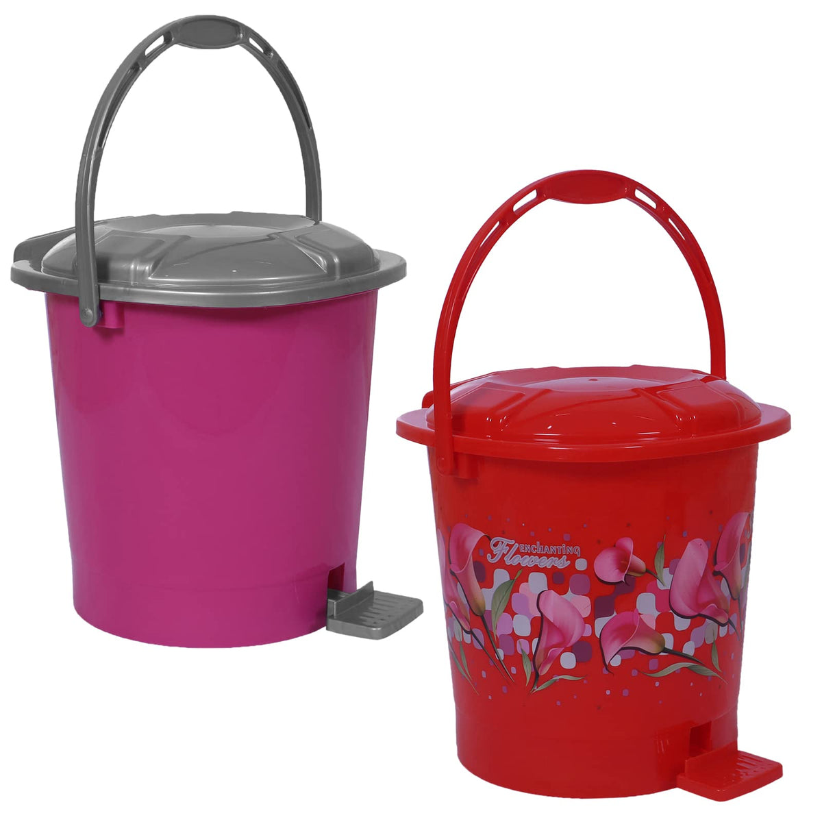 Kuber Industries Durable Plastic Pedal Dustbin|Waste Bin|Trash Can For Kitchen & Home With Handle,10 Litre,Pack of 2 (Red & Pink)