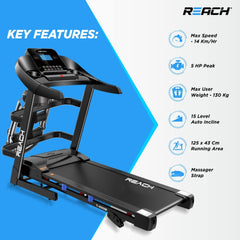 Reach T-600M 5 HP Peak Motorized Treadmill with Massager | Auto Incline | LCD Display | Foldable Machine with Bluetooth for Home Gym | Max Speed of 14 km/hr | Max User Weight 130kg