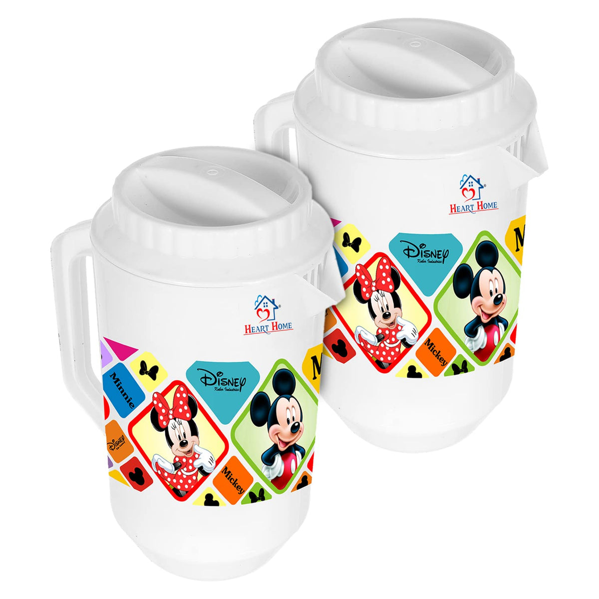 Heart Home Mickey Minnie Print Unbreakable Plastic Water Jug with Lid for Home, Kitchen, Office 2 Liter Pack of 2 (White)