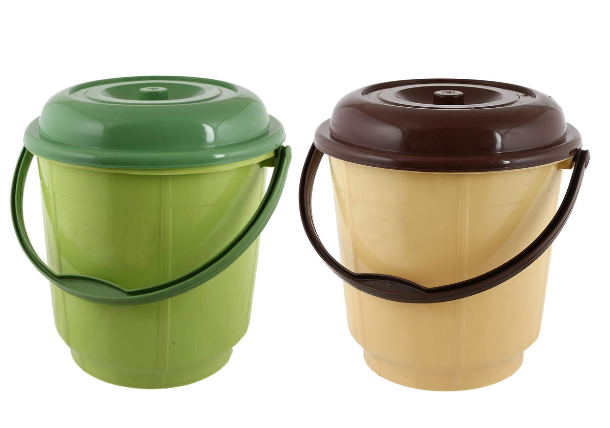 Kuber Industries Unbreakable Virgin Plastic Strong Bathroom Bucket with Lid 18 LTR (Green & Cream)-Pack of 2-KUBMART15261