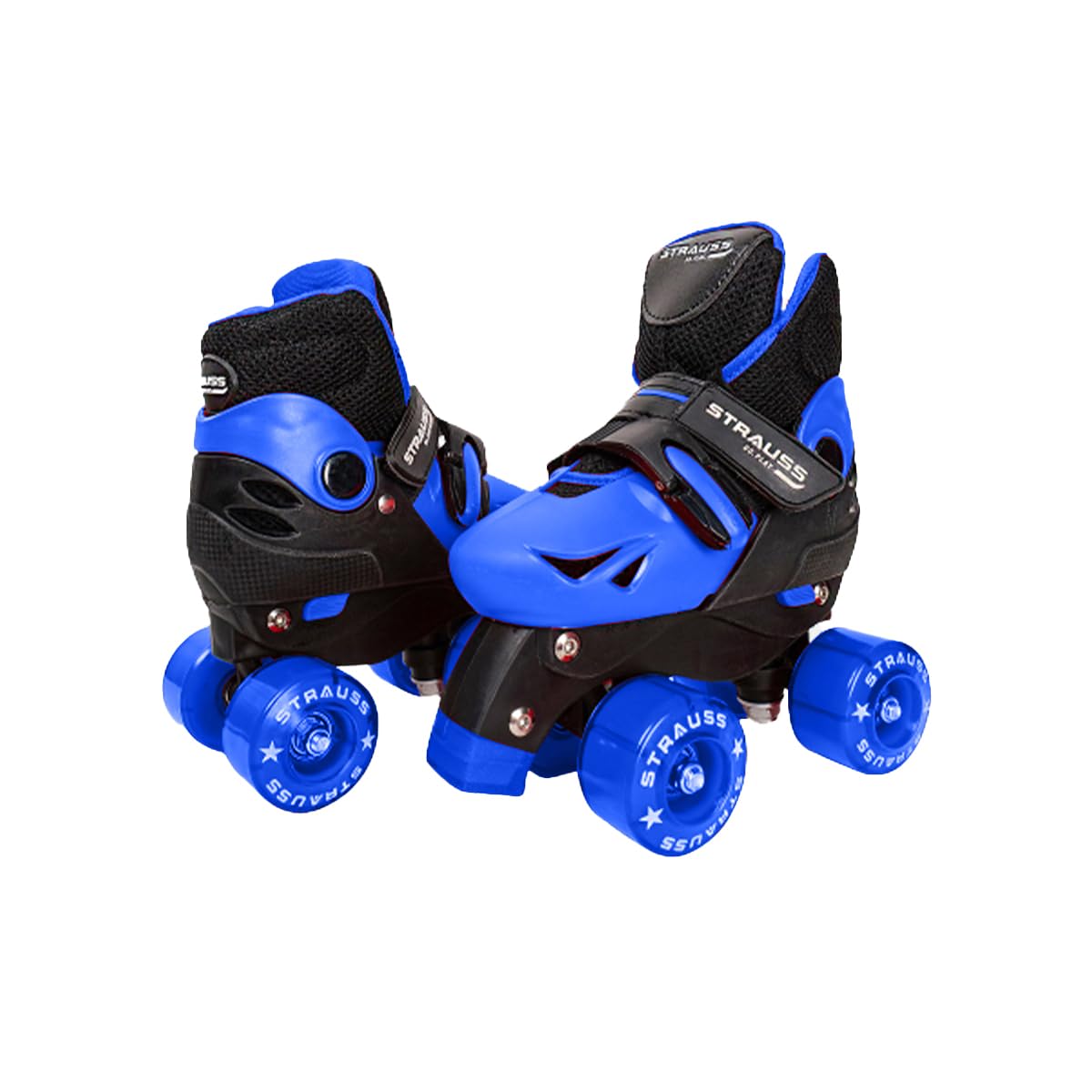 STRAUSS Gatiman Adjustable Skating Shoes | Latest Designed Roller Skates with Break | Ideal for Boys and Girls | Adjustable 4 Wheels Skating Shoe | Size: Sub-Junior (Black/Blue)