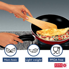 USHA SHRIRAM Non Stick Frying Pan (18cm) | Stove & Induction Cookware | Minimal Oil Cooking | Easy Grip Handle | 3 Layer Non Stick Coating | Non-Toxic & Lightweight | Red Colour