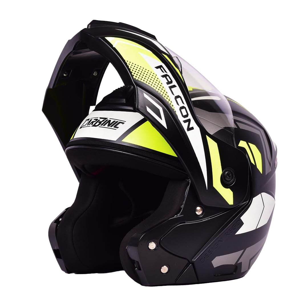 CARBINIC Falcon Series Full Face Flip-up Helmet for Men & Women | ISI Certified | Clear & Scratch Resistant Visor | Lightweight & Stylish | Medium | Neon Graphic