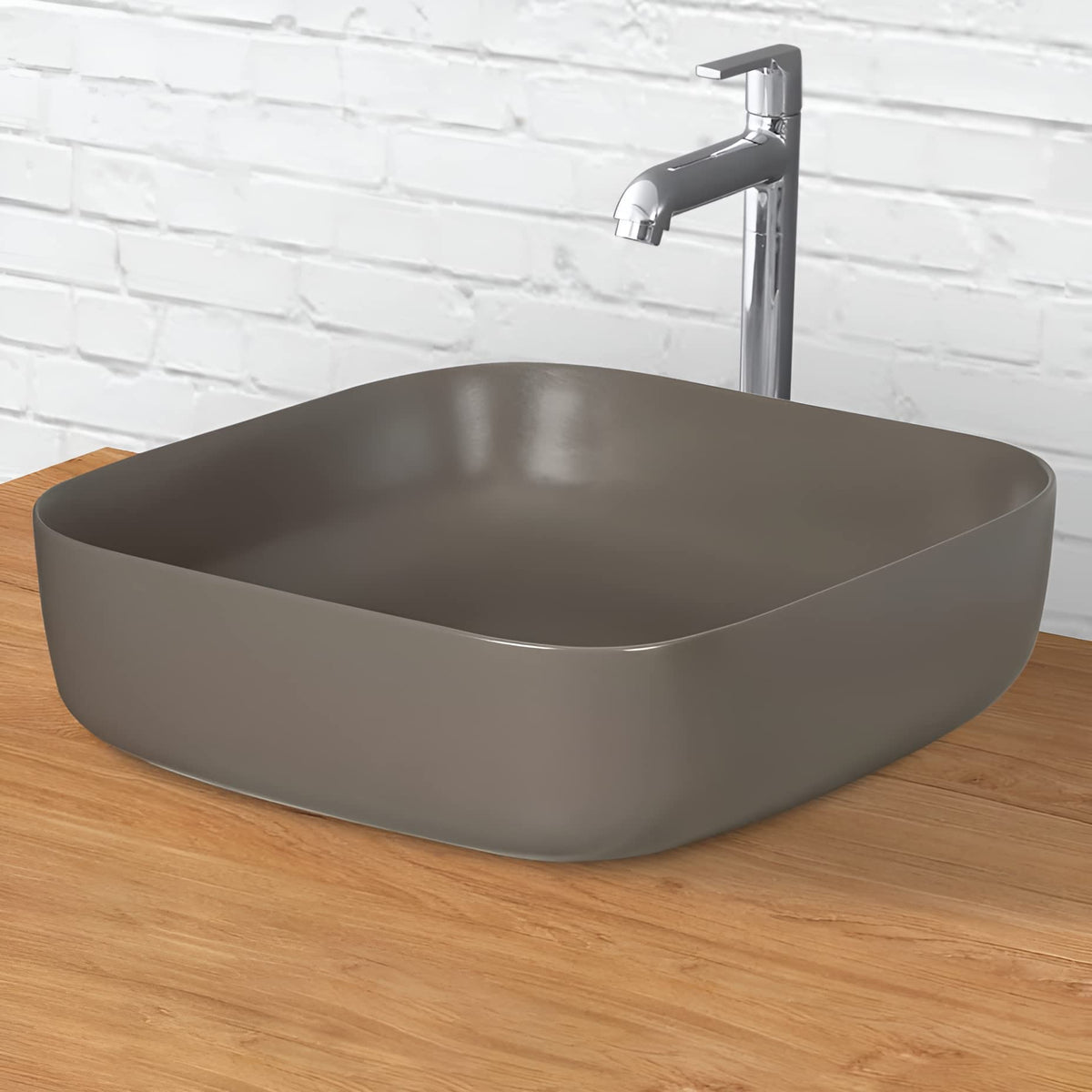 Plantex Premium Tabletop Ceramic Square Wash Basin/Countertop Bathroom Sink (Choco, 16 x 16 x 5 Inch)
