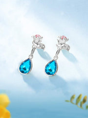 Yellow Chimes Elegant Latest Fashion Silver Toned Blue Flower Crystal Designer Drop Earrings for Women and Girls, silver, blue, medium