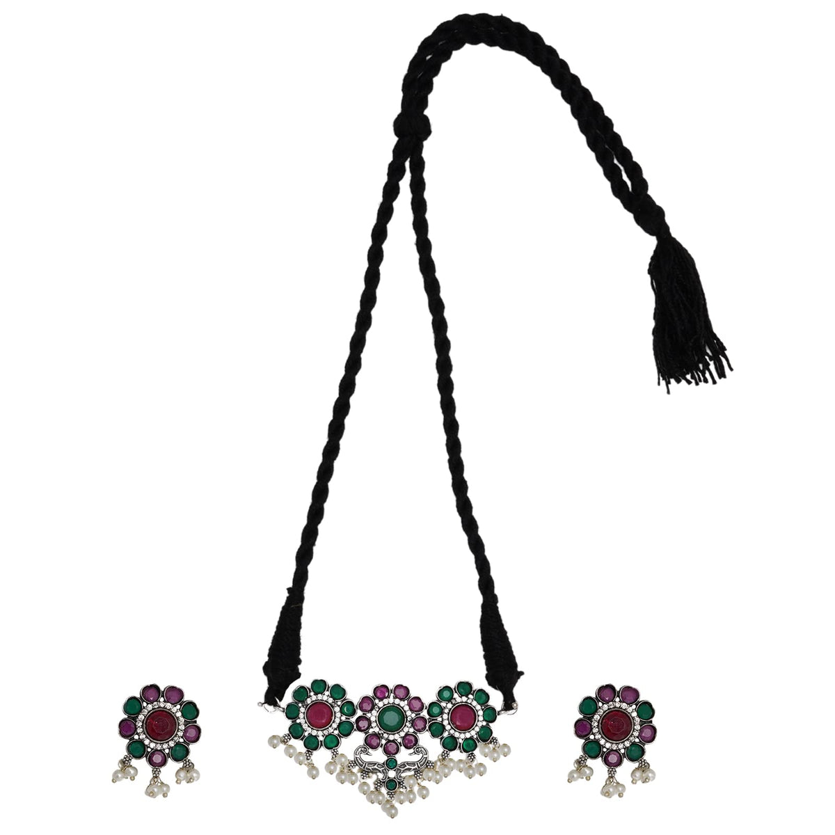 TEEJH Seemon Silver Oxidised Pearl Necklace Set