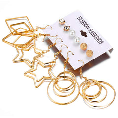 Yellow Chimes Golden Base Metal pearl Multiple Stud Earrings Big Hoop Tassel Drop Pearl Earrings for Women and Girls (Moon & Star, 6 and 9 Pairs Assorted)