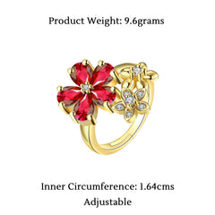 Yellow Chimes Rings for Women Floral Shaped Ring AAA Swiss Zircon Studded Gold Plated Red Adjustable Ring for Women and Girls.