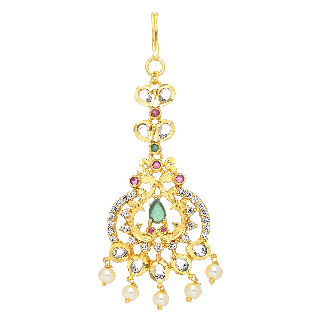 Yellow Chimes Classic AD/American Diamond Studded Gold Plated Multicolour Stone Maang Tikka for Women and Girls, Multicolor, Medium
