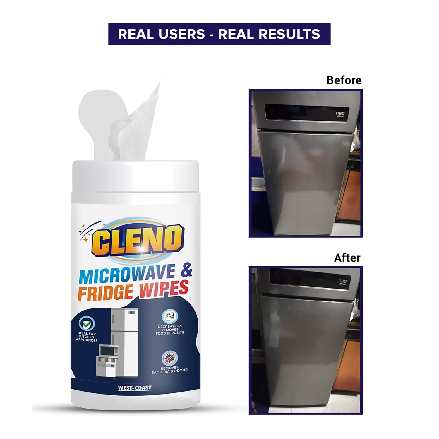 Cleno Microwave & Fridge Wet Wipes Removes Food & Grime Buildup, Quick Spot Cleaning for Shelves, Cooktops, Chrome, Electric Induction or Toaster - 50 Wipes (Ready to Use)