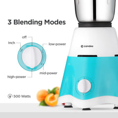 Candes Ultra 500 Watt Mixer Grinder with 3 Unbreakable SS Jars & 2 Year Motor Warranty (White, Blue)
