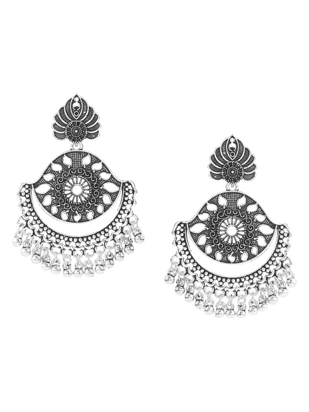 Yellow Chimes Oxidised Earrings for Women Silver Oxidised Plated Black Stone-Studded Traditional Chandabali Earrings For Women and Girls