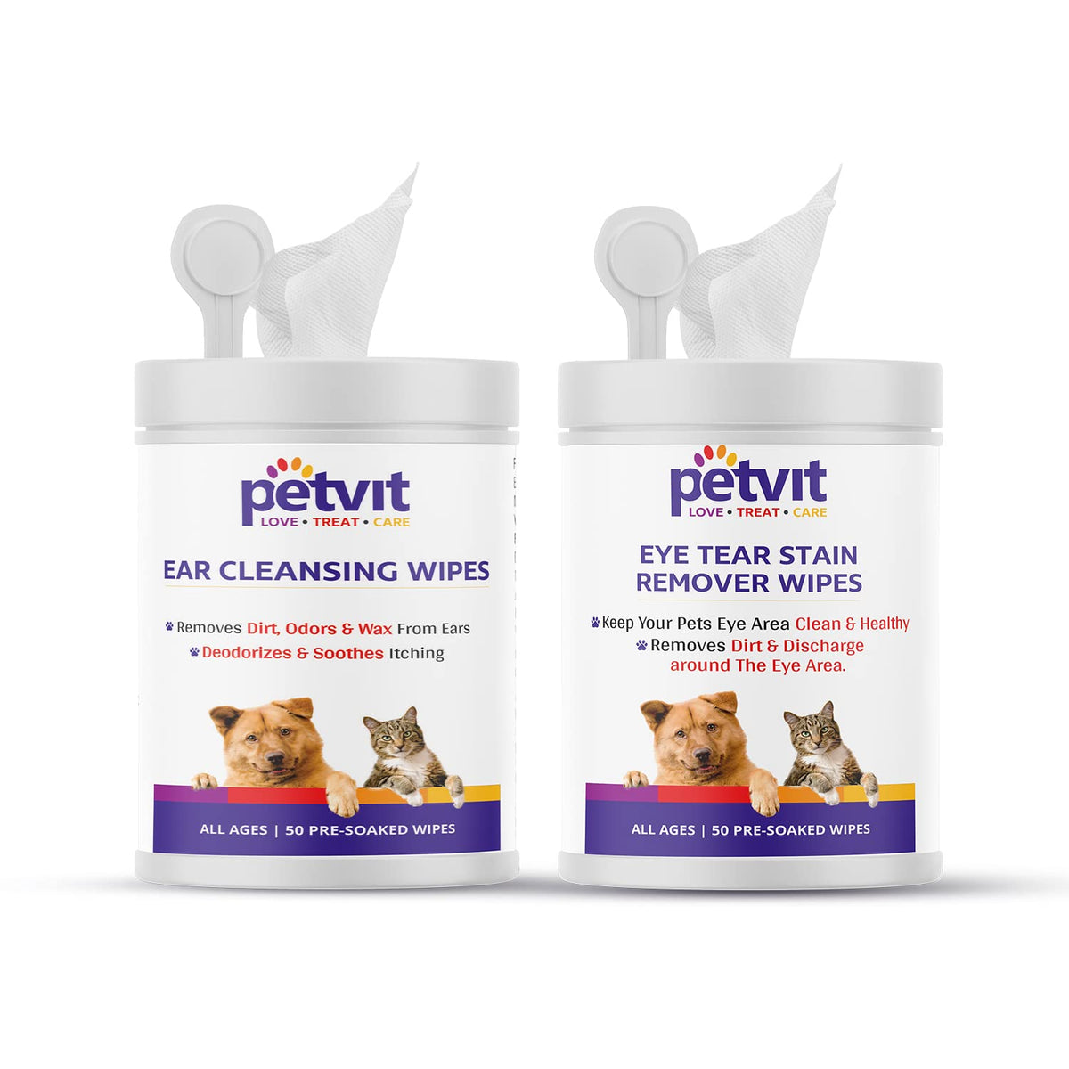 Petvit Ear Cleansing Wipes & Eye Tear Stain Remover Wipes - Fragrance Less 50+50 Wipes (Combo)