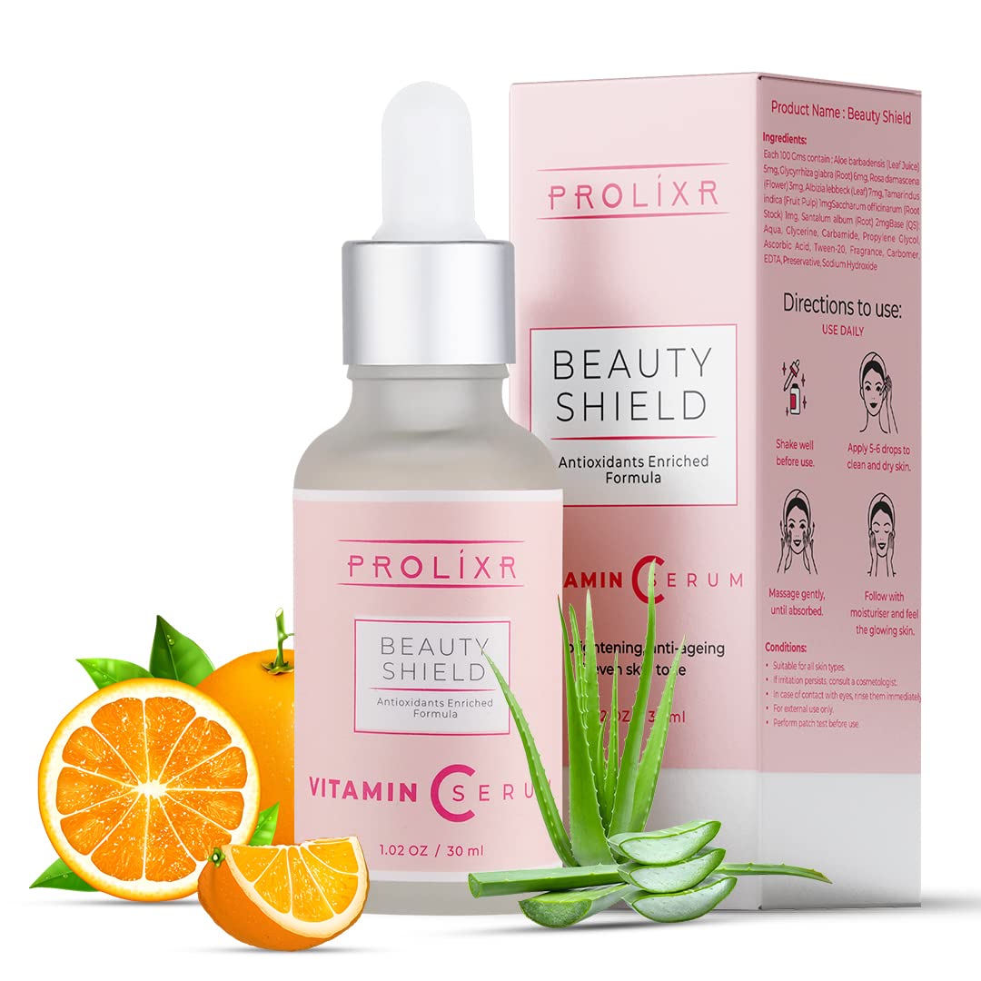 Prolixr Beauty Shield Vitamin C Serum for Glowing Skin- 30 ml, Skin Clearing Serum, Fades Dark Spot, Reduces Pigmentation, Even Skins Tone, Remove Excess Oil, Soothes Redness, Sun Damage Protection