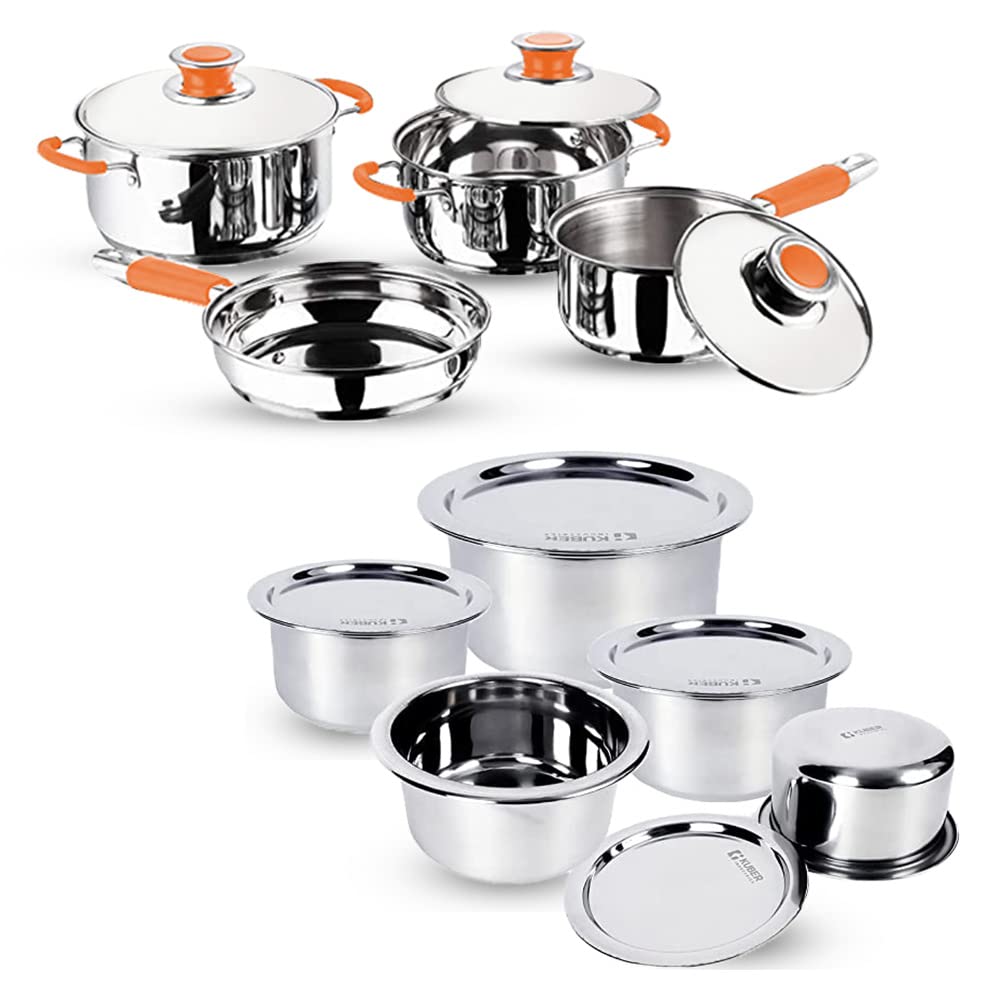 Kuber Industries Stainless Steel Cookware Set and Tope Set with Lids | Cookware set- Saucepan (1.4 L), Kadai (2.0 L), Casserole (2.5 L) and Frypan (1 L) with 3 Lids | 5Pcs Tope Set- 800ml, 1L, 1.4L, 1.9L, and 2.4L| Induction Friendly | Rust Proof, Easy to